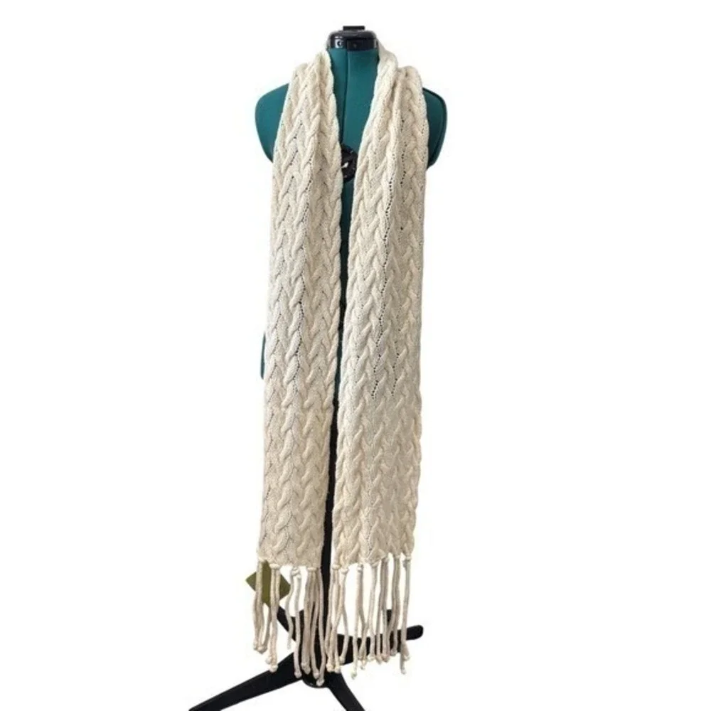 NWT Nua Ireland Merino‎ Wool Silk Cable Knit Scarf Cream Tassels